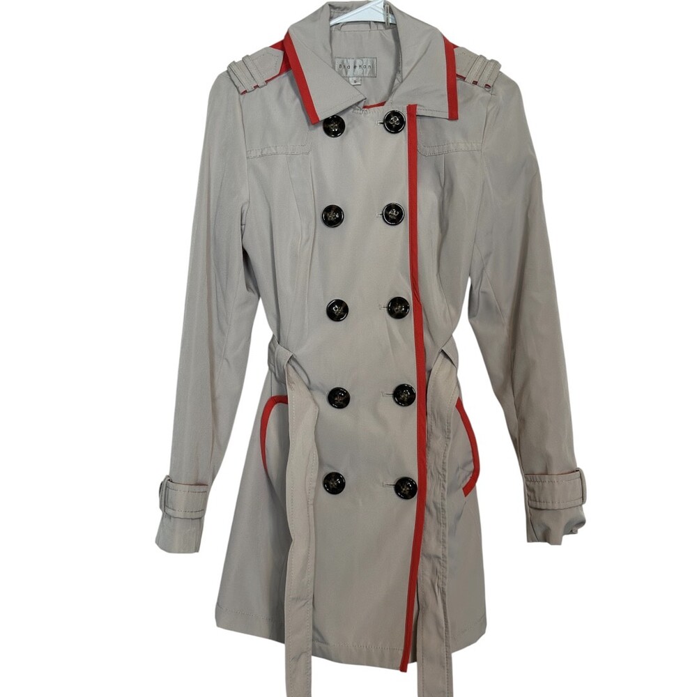 Braetan Gray Trench Coat Red Trim Belted Double Breasted Women’s Small - Picture 4 of 15